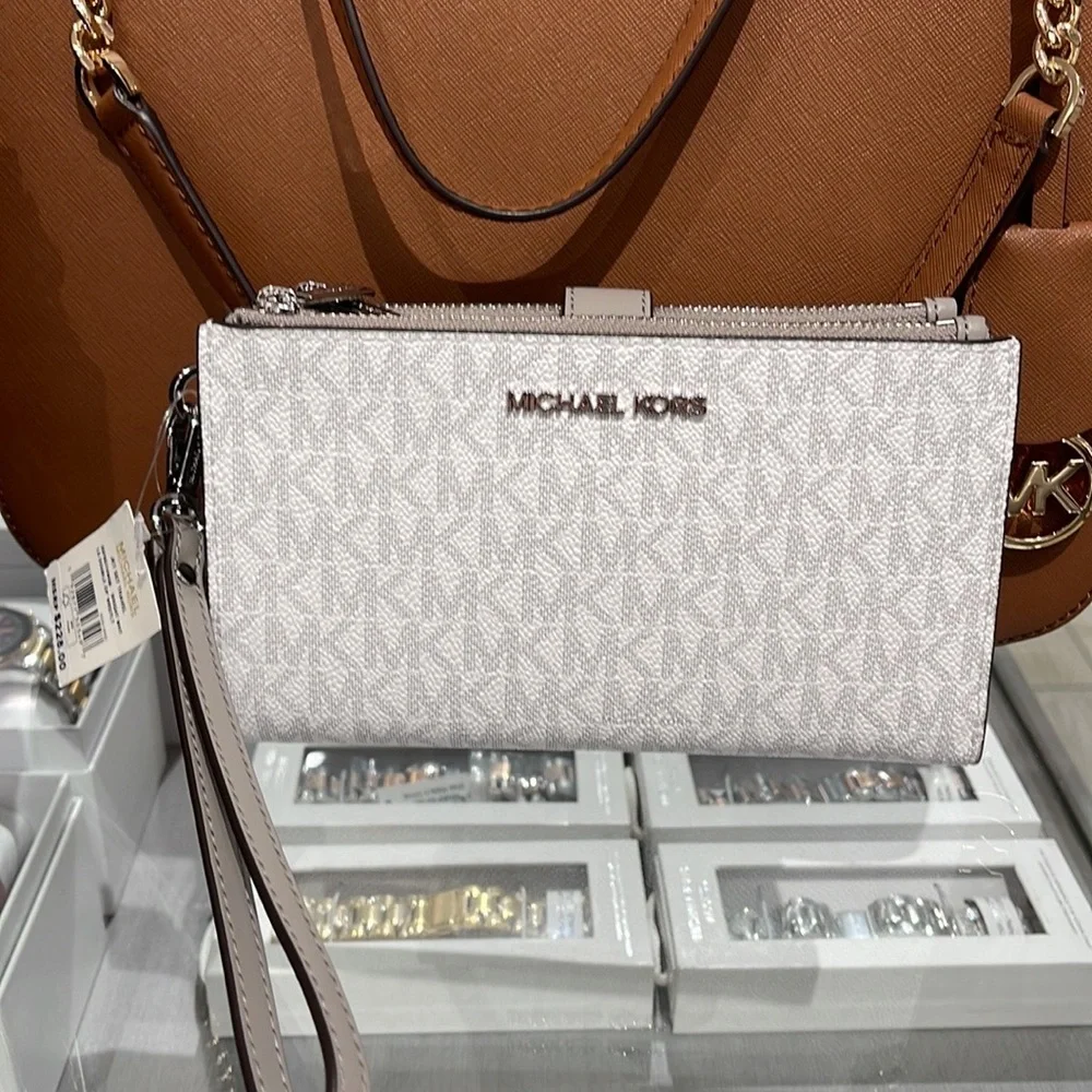 MICHAEL KORS LARGE DOUBLE ZIP WRISTLET PHONEHOLDER WALLET CLUTCH BRIGHT WHITE